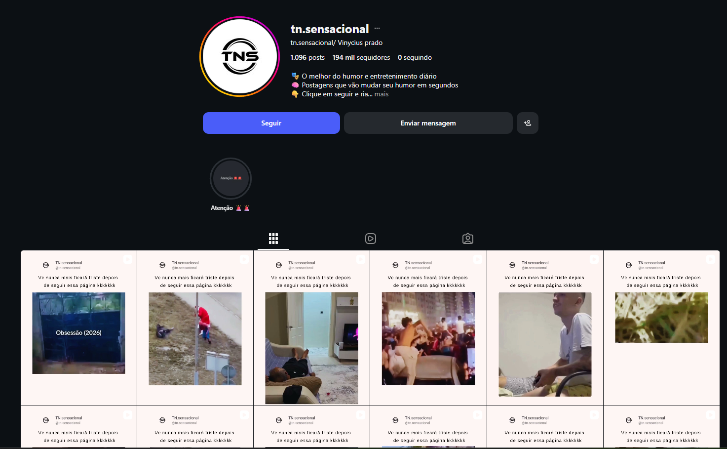 Perfil do canal @tn.sensacional